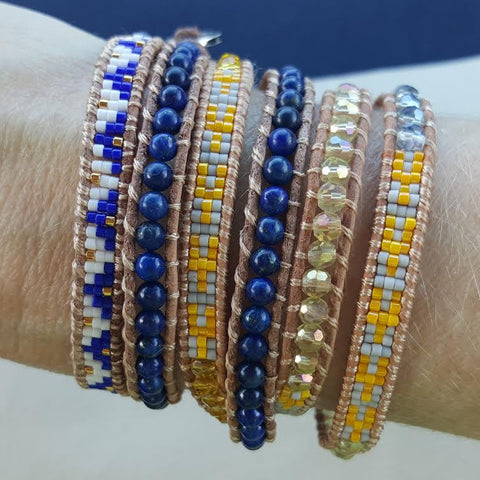 Image of Yellow and Blue Crystals with Miyuki Glass Seed Beads on Natural Leather Wrap Bracelet