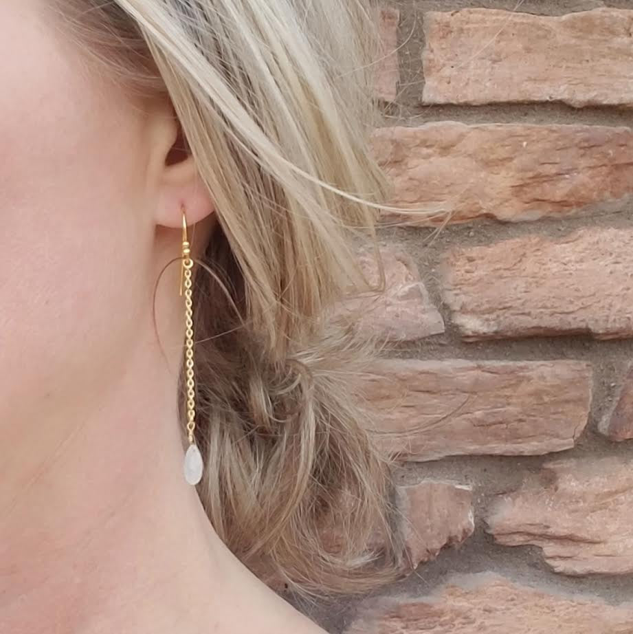 Rainbow Moonstone Sterling Silver Chain Dangle Earrings