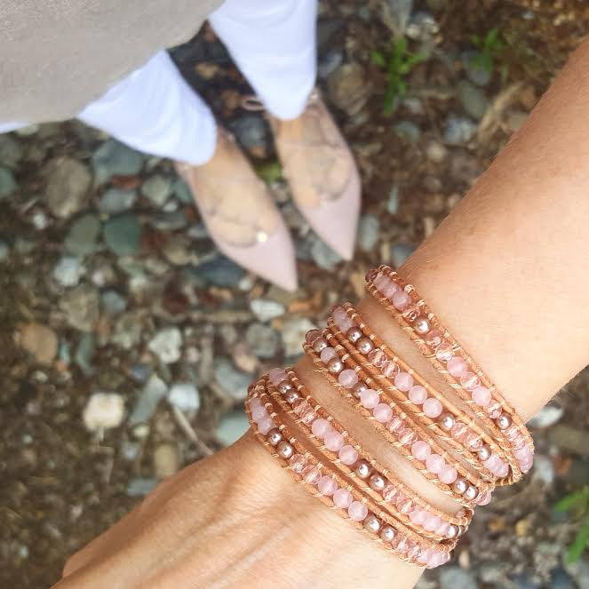 Rose Gold Pearl and Rose Quartz on Natural Leather Wrap Bracelet