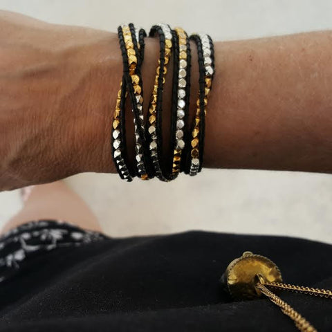 Image of Gold and Silver Nuggets on Black Leather Wrap Bracelet