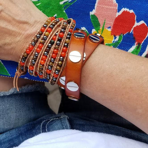 Image of Red Coral, Tiger's Eye and Hematite on Natural Leather Wrap Bracelet