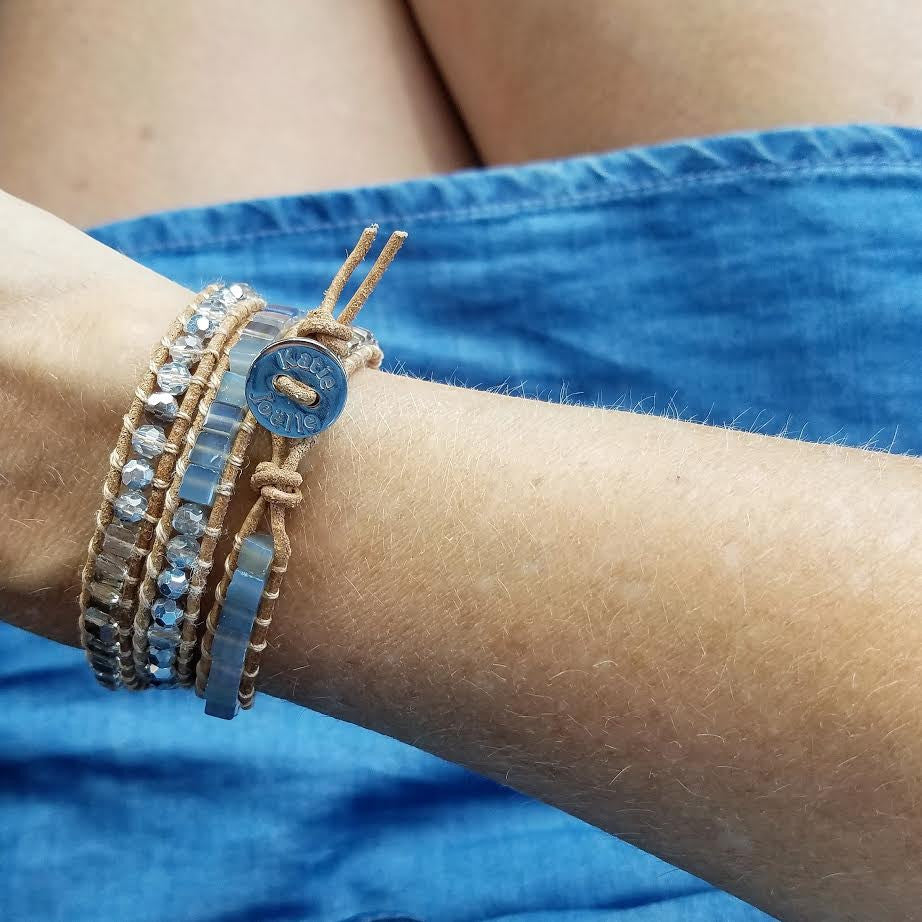 Crystals and Agate Cubed Stone on Natural Leather Wrap Bracelet