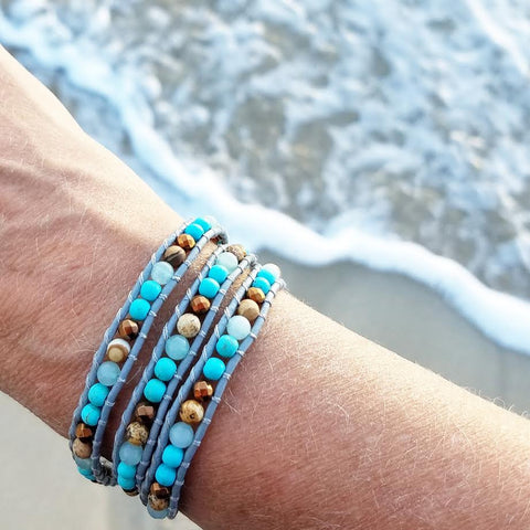 Image of Turquoise, Amazonite, Jasper and Bronze on Grey Leather Wrap Bracelet