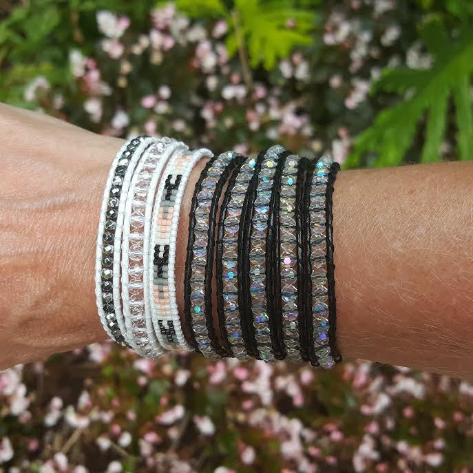 Hematite and Crystal with Miyuki Glass Seed Beads on White Leather Wrap Bracelet