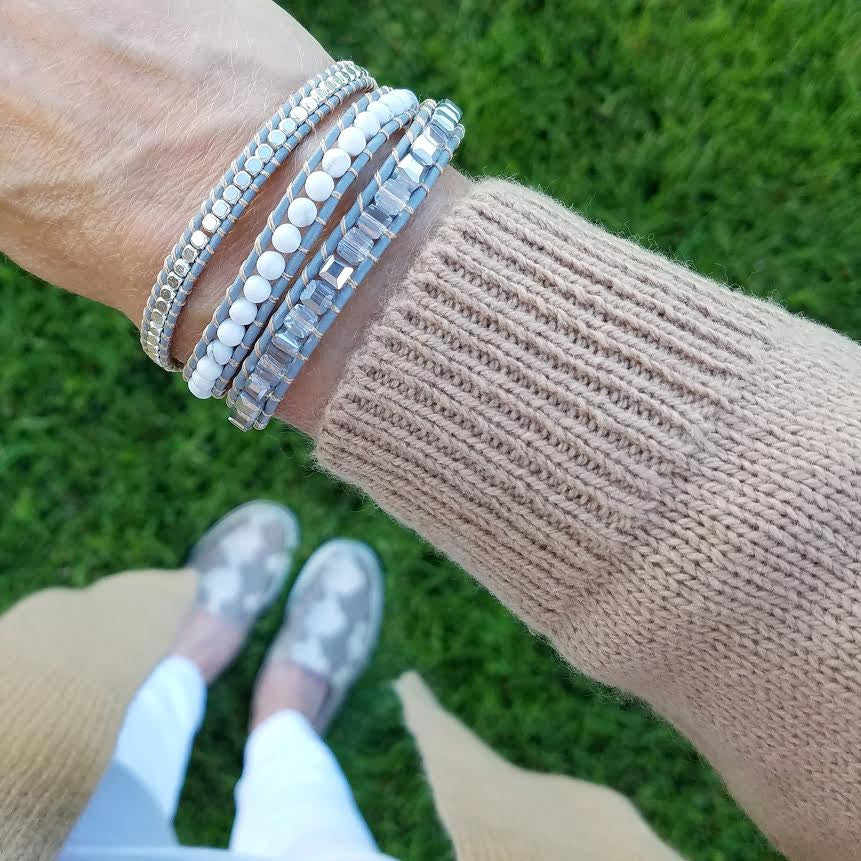 White Howlite, Silver Nuggets, and Square Cut Glass Crystals on Grey Leather Wrap Bracelet