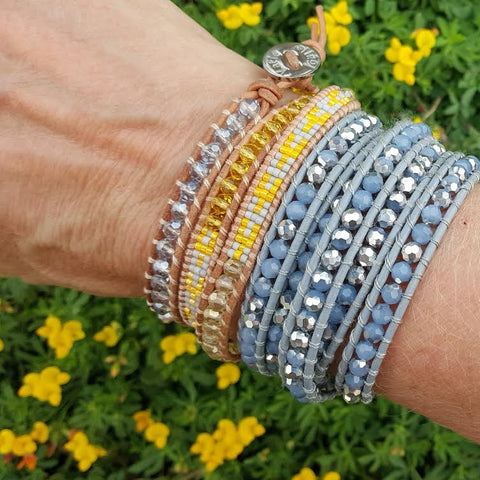 Image of Yellow and Blue Crystals with Miyuki Glass Seed Beads on Natural Leather Wrap Bracelet