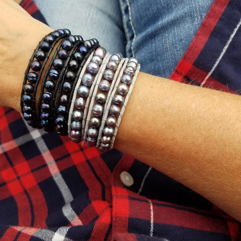 Image of Peacock Blue Freshwater Pearls on Grey Leather Wrap Bracelet