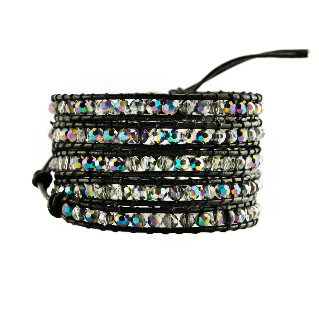 Aurora Borealis Crystals on Black Leather Wrap Bracelet