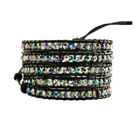 Image of Aurora Borealis Crystals on Black Leather Wrap Bracelet