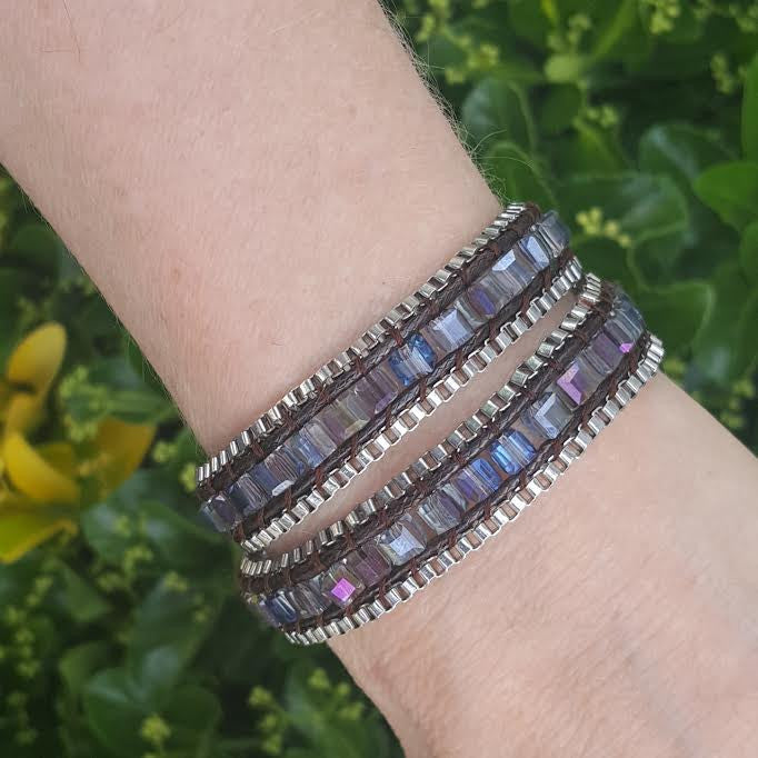 Square Cut AB Glass Crystal with Silver Chain on Dark Brown Vegan Cord Wrap Bracelet