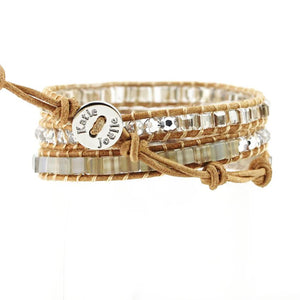 Crystals and Agate Cubed Stone on Natural Leather Wrap Bracelet