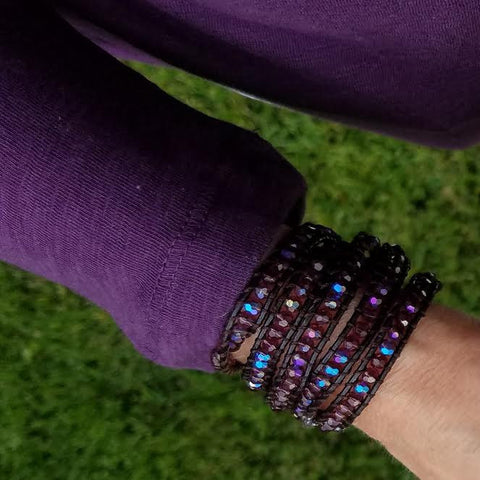 Image of Amethyst Crystals on Dark Brown Leather Wrap Bracelet
