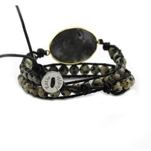 Black Druzy and Dalmatian Jasper Double Wrap Bracelet on Black Leather