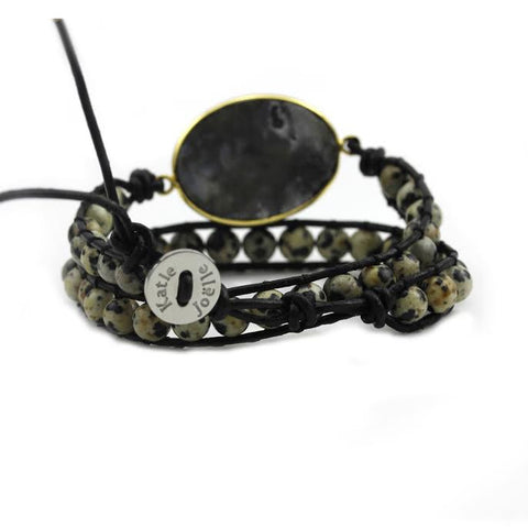 Image of Black Druzy and Dalmatian Jasper Double Wrap Bracelet on Black Leather