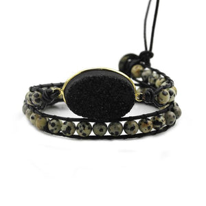 Black Druzy and Dalmatian Jasper Double Wrap Bracelet on Black Leather