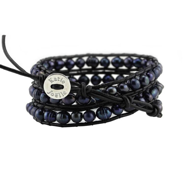 Peacock Black Freshwater Pearls on Black Leather Wrap Bracelet