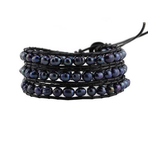 Image of Peacock Black Freshwater Pearls on Black Leather Wrap Bracelet