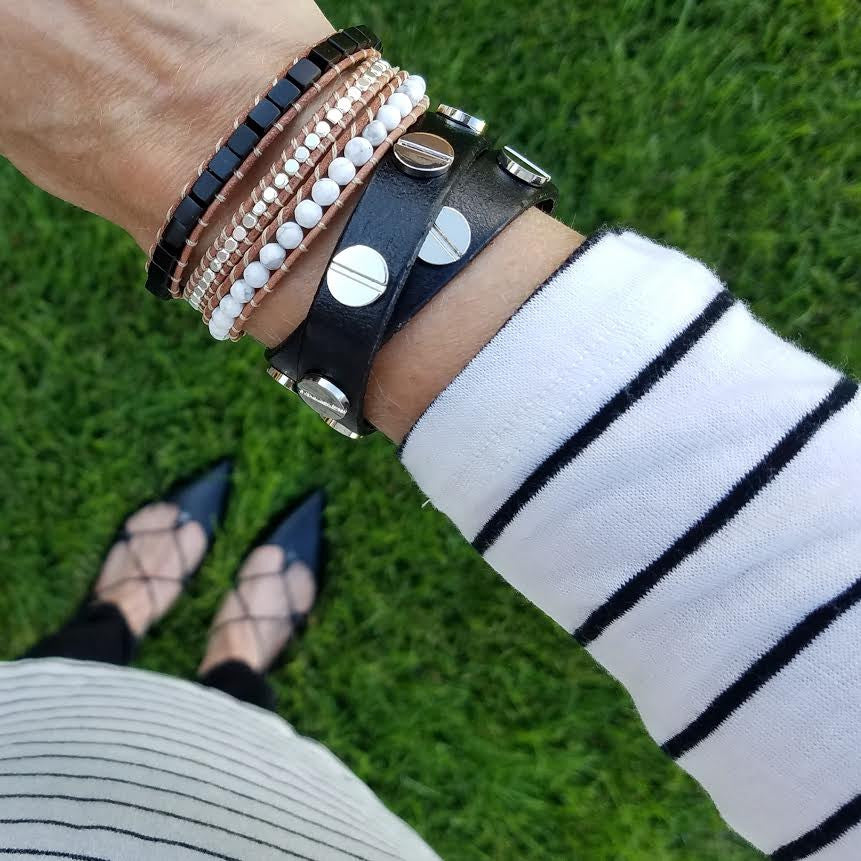 Black and White Turquoise with Silver Nuggets on Natural Leather Wrap Bracelet