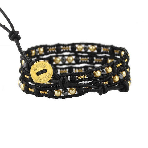 Black Diamond and Gold Pearl Scalloped Wrap Bracelet on Black Leather