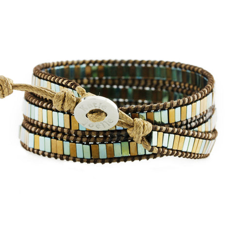 Image of Blue-Green and Bronze Hematite on Bronze Vegan Cord Wrap Bracelet