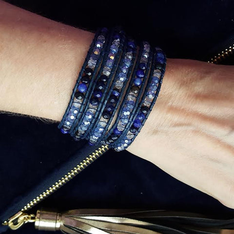 Blue Agate and Crystals Five Wrap on Blue Leather