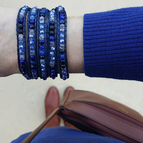 Blue Agate and Crystals Five Wrap on Blue Leather