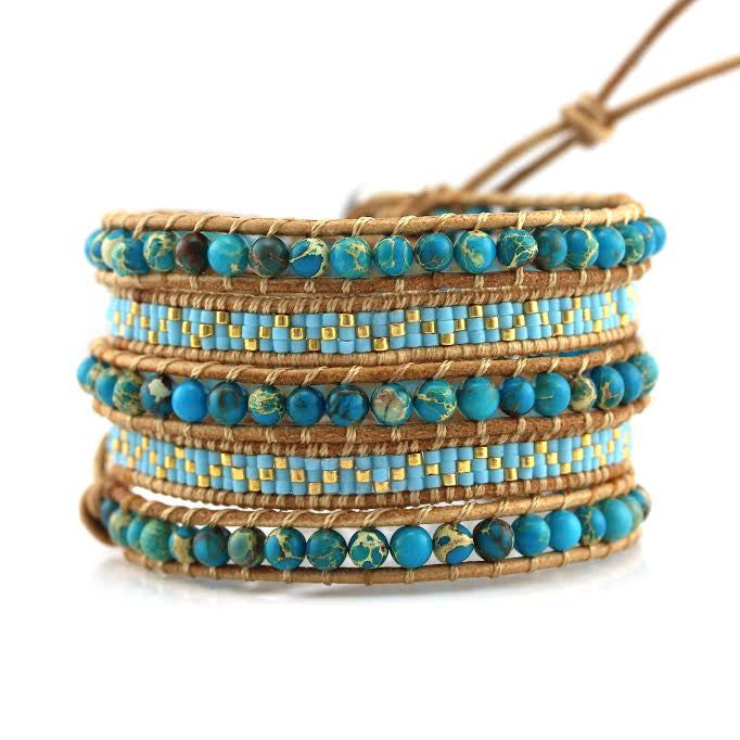 Blue Imperial Jasper with Turquoise Miyuki Glass Seed Beads on Natural Leather Wrap Bracelet