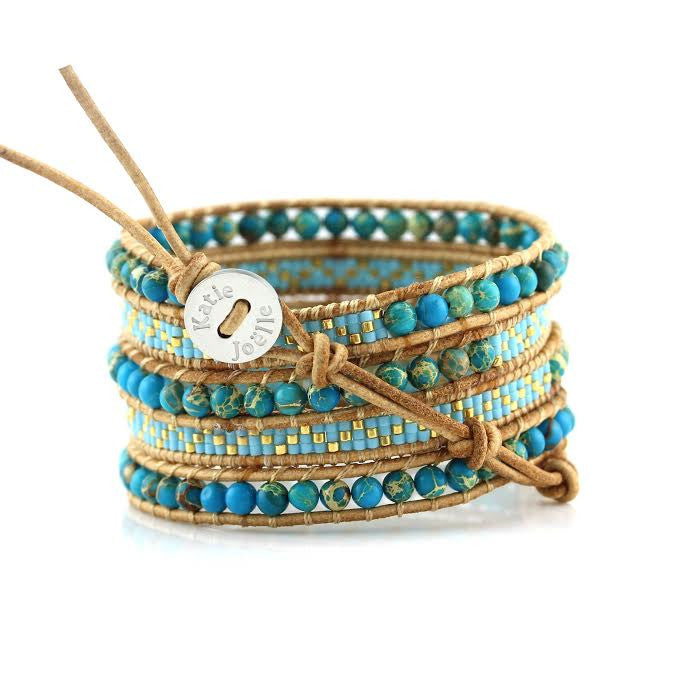 Blue Imperial Jasper with Turquoise Miyuki Glass Seed Beads on Natural Leather Wrap Bracelet