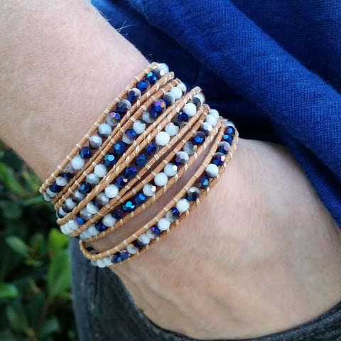 Image of Blue and White Jade on Natural Leather Wrap Bracelet