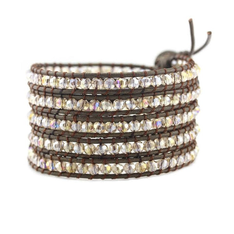Image of Bronze Crystals on Bronzed Brown Leather Wrap Bracelet