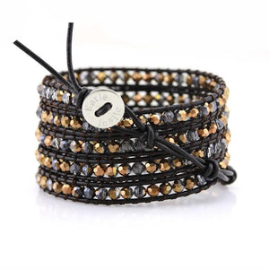 Bronze Dorado Crystals on Dark Brown Leather Wrap Bracelet