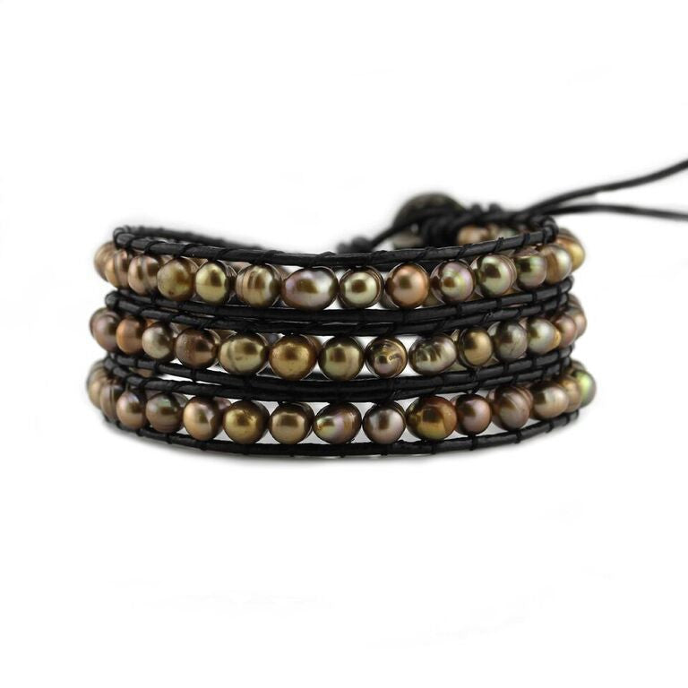 Bronze Freshwater Pearls on Black Leather Wrap Bracelet