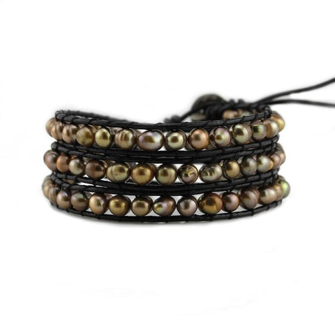 Image of Bronze Freshwater Pearls on Black Leather Wrap Bracelet