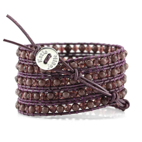Burgundy Aventurine and Crystals on Burgundy Leather Wrap Bracelet