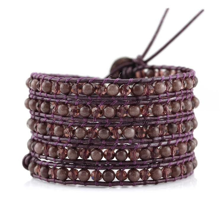 Burgundy Aventurine and Crystals on Burgundy Leather Wrap Bracelet