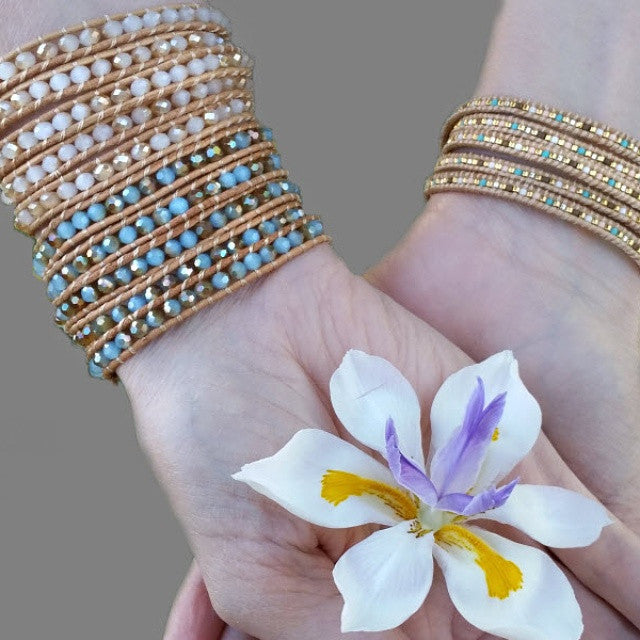 Mint Dorado Crystals on Natural Leather Wrap Bracelet