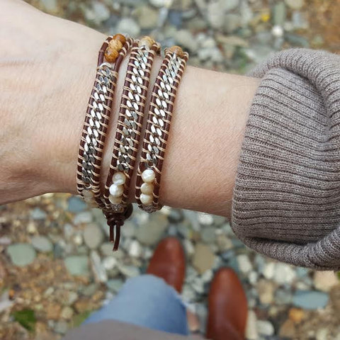Shell, Crystal, and Stone with Silver Chain on Brown Leather Wrap Bracelet