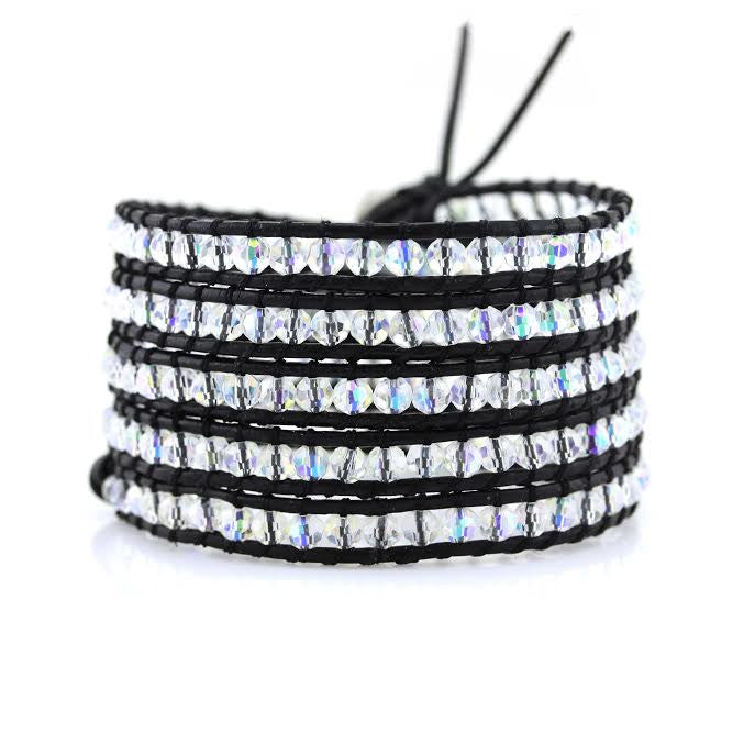 Clear Crystals on Black Leather Wrap Bracelet