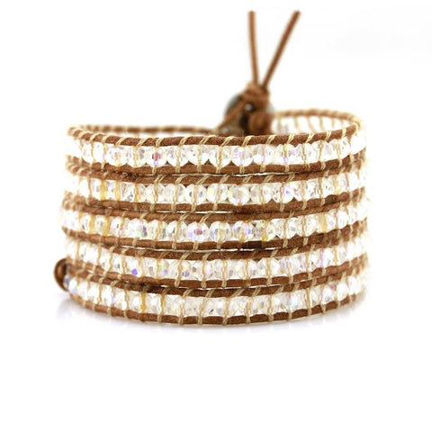 Image of Clear Crystals on Natural Leather Wrap Bracelet
