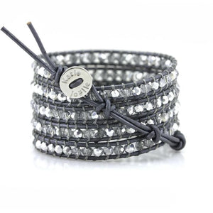 Clear and Silver Crystals on Metallic Grey Leather Wrap Bracelet