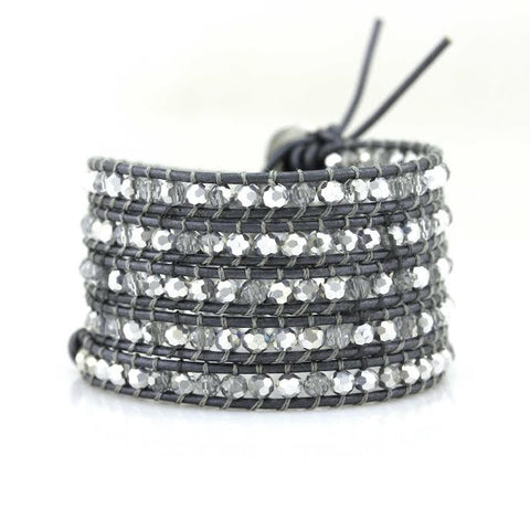 Clear and Silver Crystals on Metallic Grey Leather Wrap Bracelet