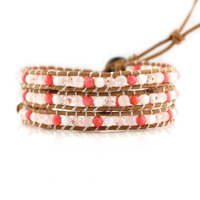 Coral Mix on Natural Leather Wrap Bracelet