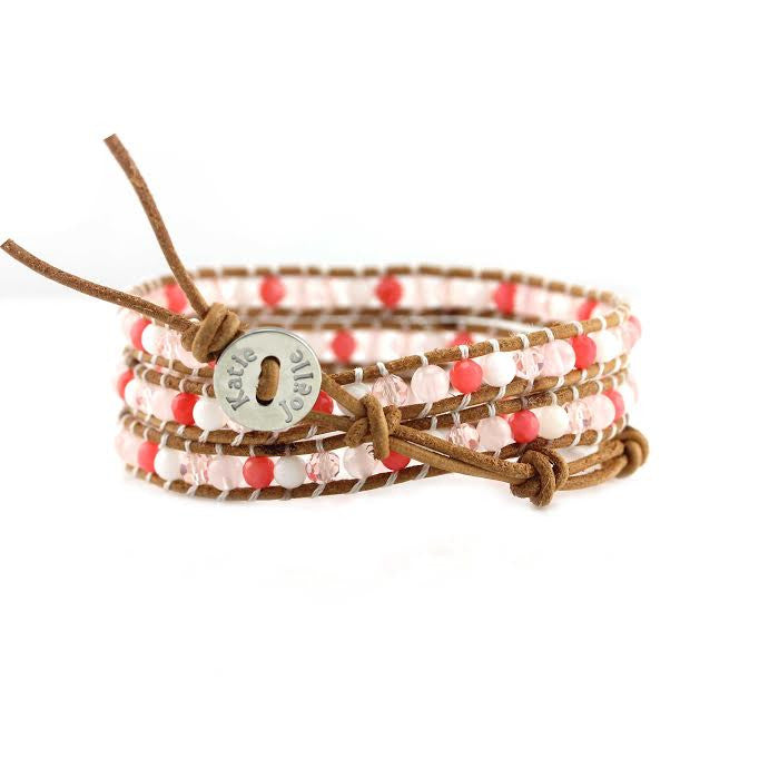 Coral Mix on Natural Leather Wrap Bracelet