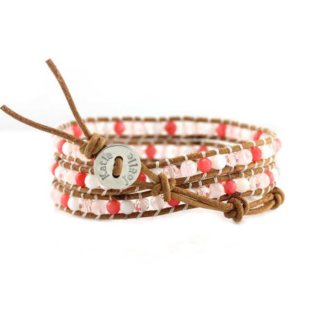 Image of Coral Mix on Natural Leather Wrap Bracelet