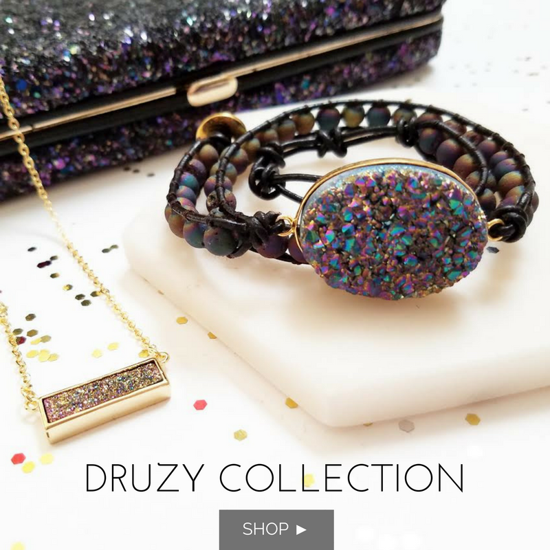 Rainbow Druzy and Rainbow Druzy Beads Double Wrap Bracelet on Dark Brown Leather
