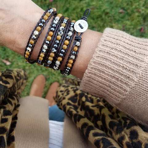 Image of Dalmatian Jasper, Wood Jasper and Hematite on Dark Brown Leather Wrap Bracelet