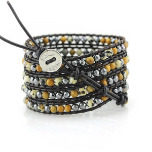Dalmatian Jasper, Wood Jasper and Hematite on Dark Brown Leather Wrap Bracelet