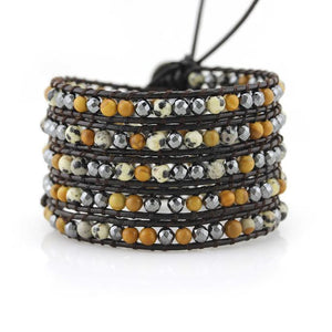 Dalmatian Jasper, Wood Jasper and Hematite on Dark Brown Leather Wrap Bracelet