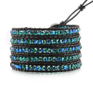 Emerald AB Crystals on Dark Brown Leather Wrap Bracelet