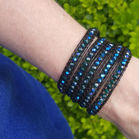 Image of Emerald AB Crystals on Dark Brown Leather Wrap Bracelet